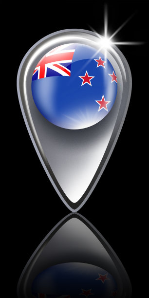 新西兰按钮地图指针与旗帜隔离在黑色图片下载