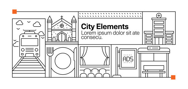 城市元素线图标集和横幅设计图片下载
