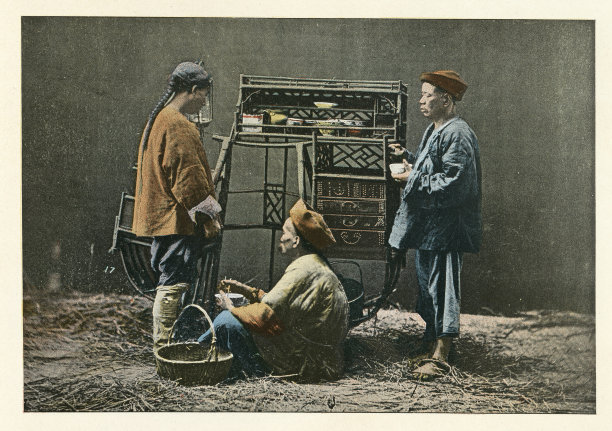 中国街头食品小贩和他的摊位，中国19世纪90年代，19世纪，社会历史，复古照片图片下载