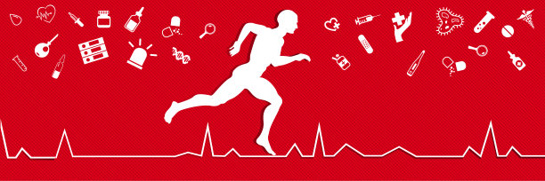 有氧运动，运动健康理念，平实风格。男性运动员在运动与心脏脉搏和医学图标抽象的色彩背景。图片下载