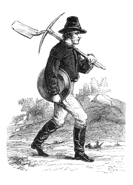 1862年，美国加州旧金山，一名男子带着镐斧穿越内华达山脉寻找黄金图片下载