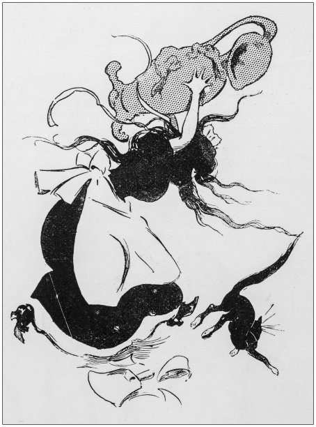 古董插图:一个女人拿着双耳罐，被一只猫绊倒了图片下载