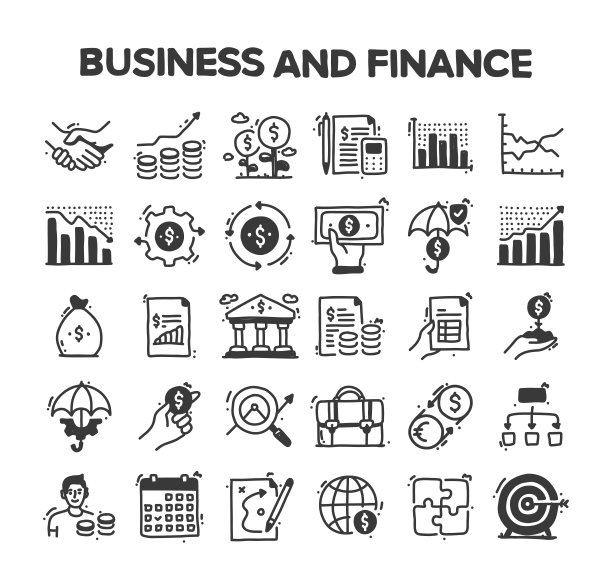 商业和金融相关的手绘矢量涂鸦图标集图片下载