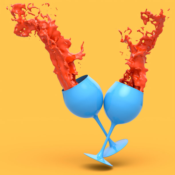 酒杯与红色飞溅的液体隔离在橙色单色背景图片下载