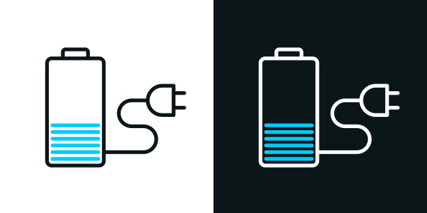 电池充电。黑色或白色背景上的双色线条图标-可编辑笔触图片下载