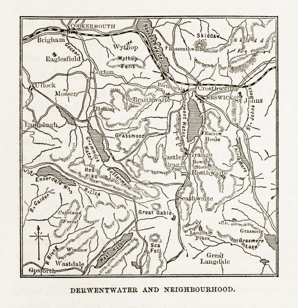 德文特沃特地图，凯瑟克，英国维多利亚版画，1840年图片下载