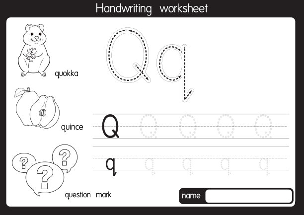 黑白矢量插图与字母Q大写字母或大写字母的儿童学习练习ABC图片下载