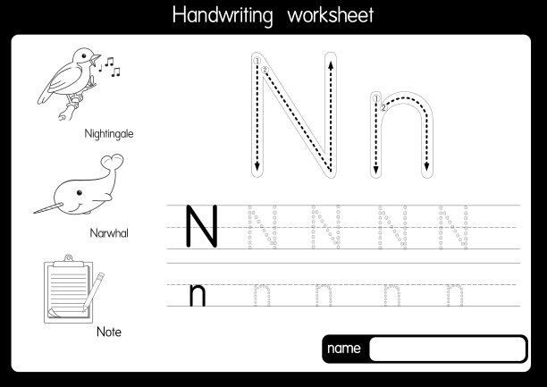 黑白矢量插图与字母N大写字母或大写字母，供儿童学习练习ABC图片下载