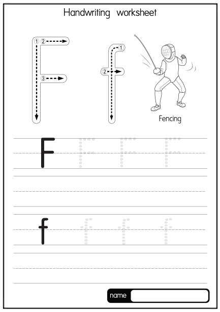 黑白矢量插图击剑与字母F大写字母或大写字母的儿童学习练习ABC图片下载