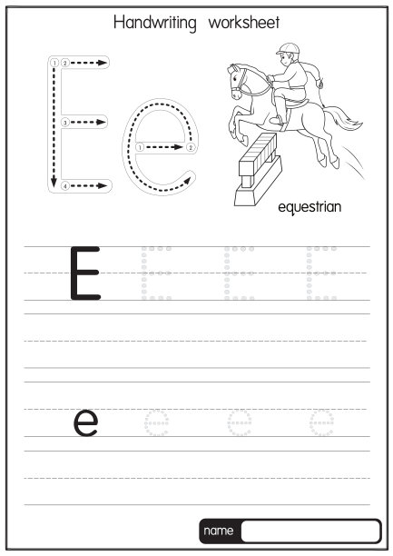 矢量插图马术与字母E大写字母或大写字母的儿童学习练习ABC图片下载