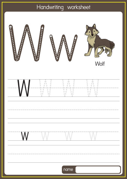 向量说明沃尔夫与字母W大写字母或大写字母的儿童学习练习ABC图片下载