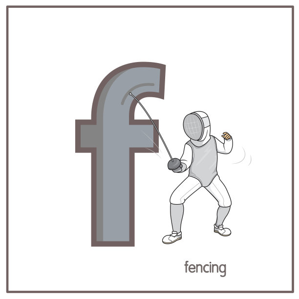 向量插图击剑与字母F小写字母儿童学习练习ABC图片下载