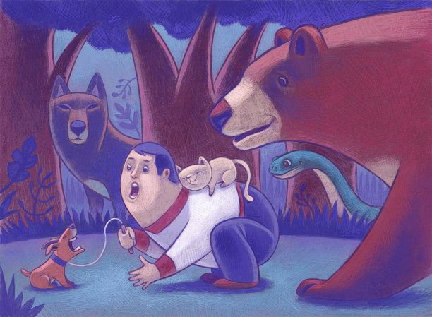 人与狗在森林里遇见熊图片下载