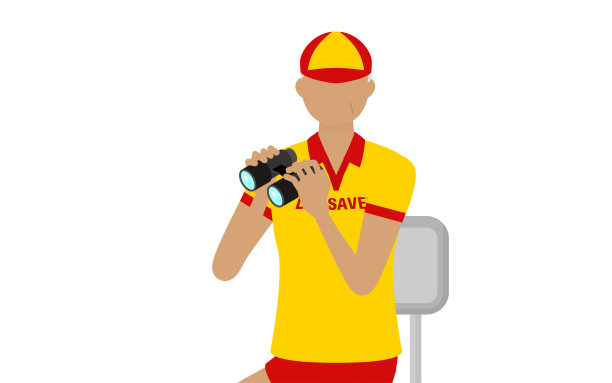 高级女救生员摆姿势，用瞭望塔上的双筒望远镜检查是否安全图片下载