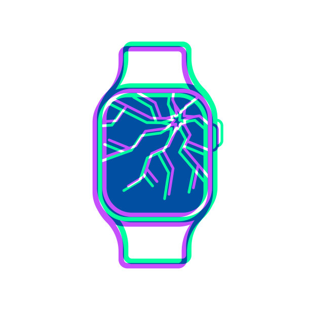 屏幕破碎的智能手表。图标与两种颜色叠加在白色背景上图片下载