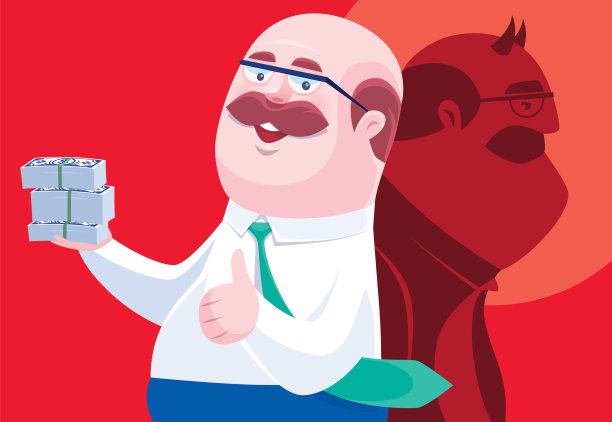 老板手里拿着一叠带着邪恶影子的钞票图片下载