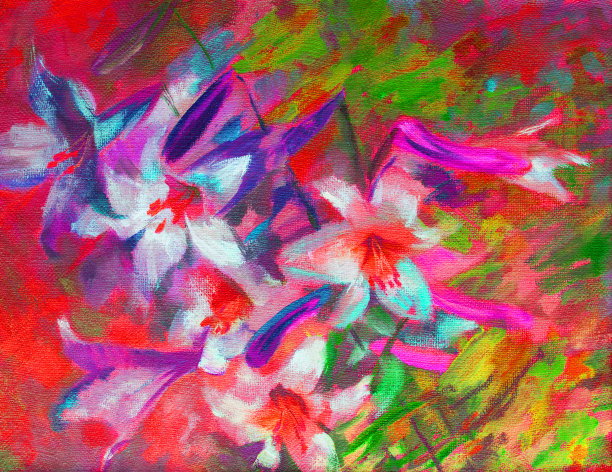 插图油画花卉风景白色的花园百合在花坛对抗耀眼的阳光从绿叶和植物茎图片下载