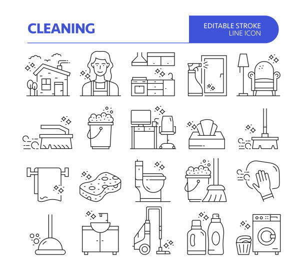 清理相关线向量图标集。可编辑的中风。女佣，清洁，办公室，房子，日常。图片下载
