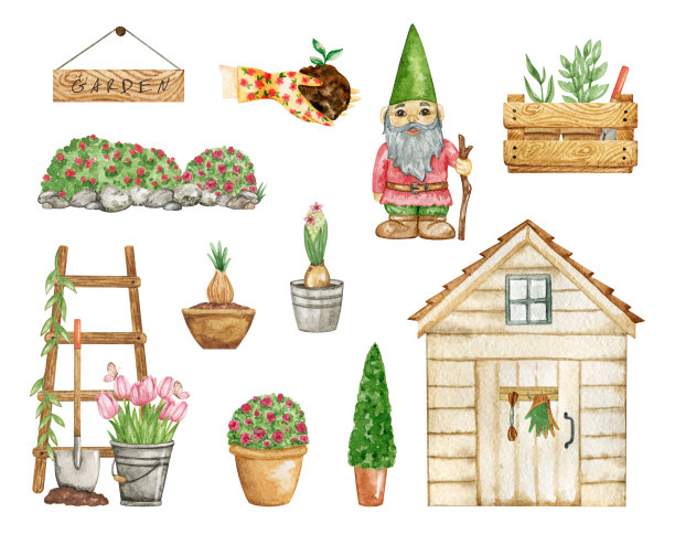 花园工具剪辑艺术水彩。园艺设备隔离图片下载