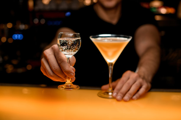 酒保端上一杯透明的气泡液体。旁边放着新鲜的黄色马提尼鸡尾酒图片下载