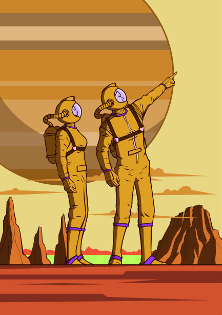 矢量复古宇航员夫妇探索一个新的星球卡通垂直股票插图图片下载