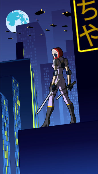 矢量动画风格的女性刺客在赛博朋克城市垂直股票插图图片下载