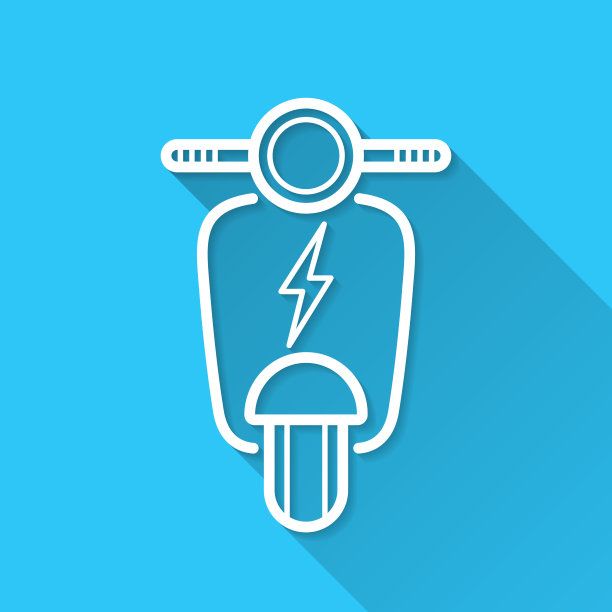 电动摩托车负责。图标在蓝色背景-平面设计与长阴影图片下载