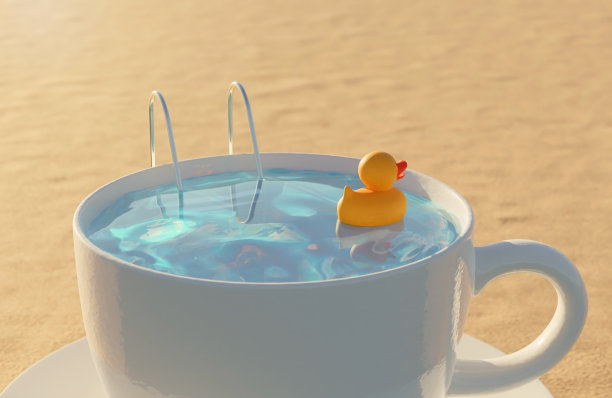 当代艺术，创意多彩的设计泳池杯在海滩的背景，近距离，夏季概念，3D渲染图片下载