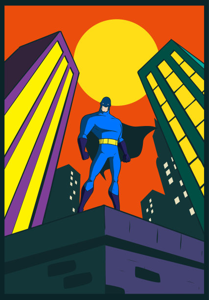 城市屋顶上的矢量卡通超级英雄图片下载
