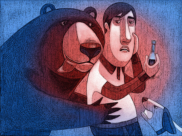 抱熊的人站在愤怒的狗旁边图片下载