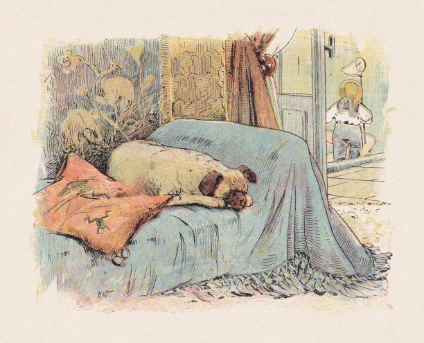 沙发上的哈巴狗，彩色木刻，出版于1897年图片下载