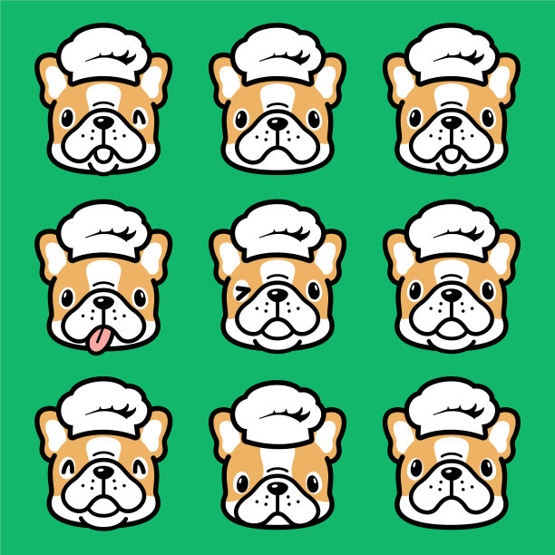 可爱的面部表情图标的法国斗牛犬小狗戴着厨师帽图片下载