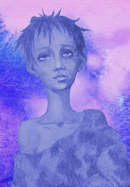 插图水彩艺术品社会问题贫困青年文化垂直肖像脸小悲伤温柔无家可归的男孩深色头发破旧的衣服黑色的t恤在色彩鲜艳的蓝色阴影背景图片下载