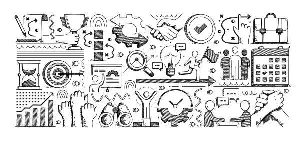 行动计划手绘矢量涂鸦线图标集。战略，团队合作，伙伴关系，计划，工作流程，会议，行动，动机，时间表，团队，过程，协作，分析，团队精神。图片下载