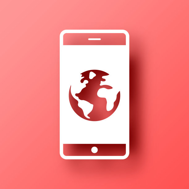 智能手机与地球。图标在红色背景与阴影图片下载