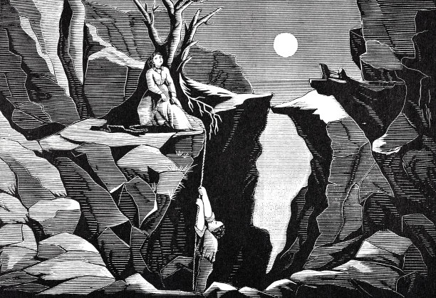 女人躲在岩石里，男人爬向她图片下载