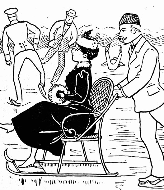 在溜冰场上，丈夫推着坐着雪橇的妻子图片下载