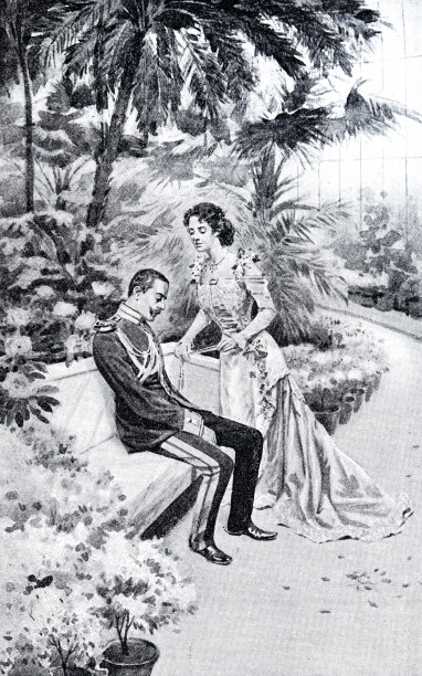 一对年轻夫妇在棕榈树园中的长椅上图片下载