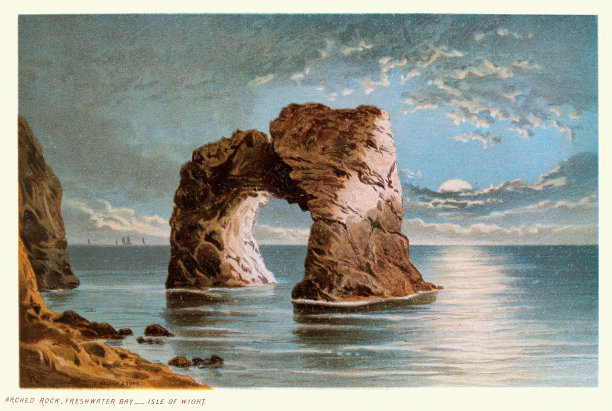 拱形岩层，淡水湾，怀特岛，19世纪维多利亚时代的景观艺术图片下载
