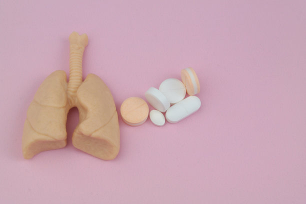 人体肺部模型和粉色背景的药物。图片下载