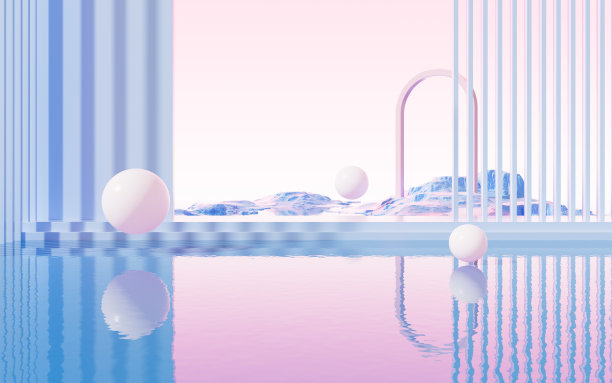 几何建筑和水面背景，3d渲染。图片下载