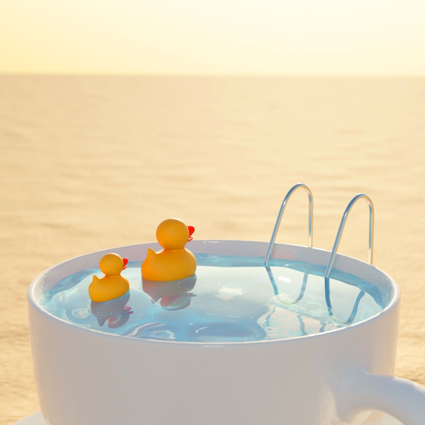 当代艺术，创意多彩的设计泳池杯在海滩的背景，近距离，夏季概念，3D渲染图片下载