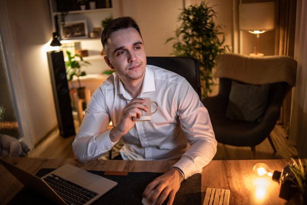 一个晚上在家工作的年轻人，在周围平静安静的时候工作图片下载