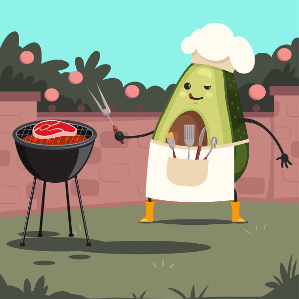 滑稽的牛油果戴着厨师帽，还有烤肉。矢量卡通可爱的人物一个快乐的水果与烧烤工具烹饪牛排在后院的烤架上。图片下载