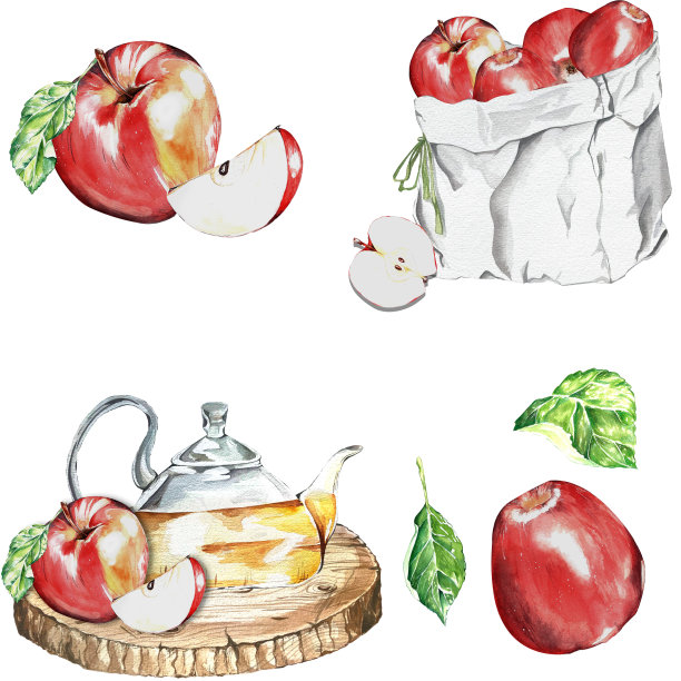 水彩。熟透的红色多汁苹果用于明信片、包装的设计图片下载