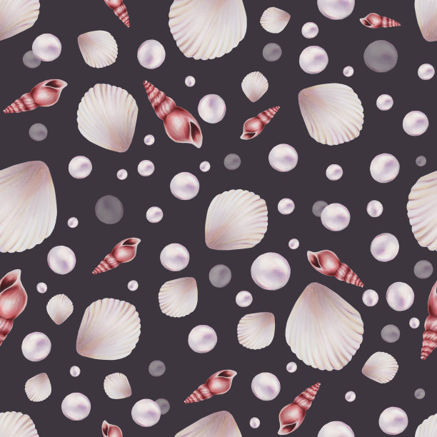 水彩无缝图案与贝壳和珍珠。手绘剪纸水下生活对象在一个白色孤立的背景。适合设计师，装饰，明信片，包装纸，剪贴簿，封面，请柬，婚礼设计，海报和纺织品图片下载