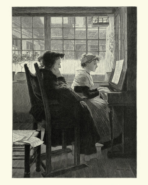 祖母教她的孙女弹钢琴，维多利亚19世纪图片下载