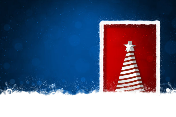 创意深午夜藏青色的圣诞背景，一个大边框白色抽象条纹3D圣诞树和红色背景上的星星，雪花和雪遍布地面，边界或框架像门或门图片下载