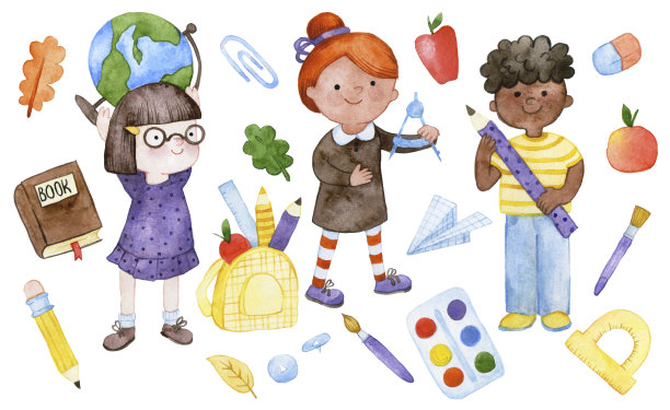 水彩绘画。有趣的孩子,学生。回到学校主题，集合可爱的小朋友黝黑的皮肤，教育项目图片下载