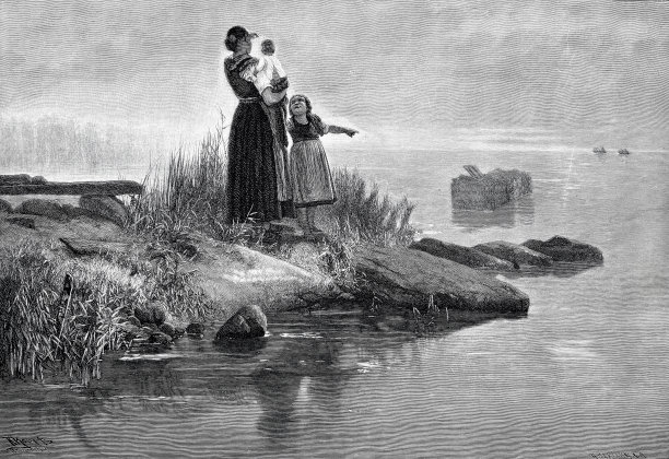 母亲和孩子们等待着钓鱼归来的父亲图片下载